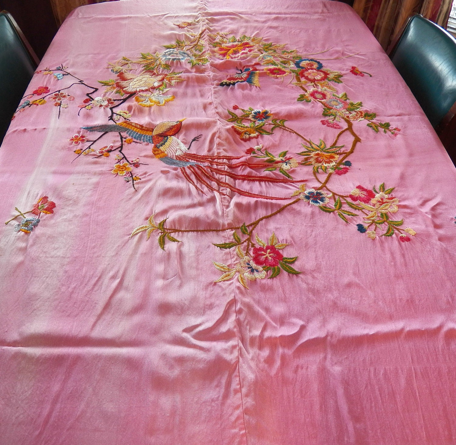 Vintage Bright Pink Silk Tablecloth Embroidery Flowers Bird