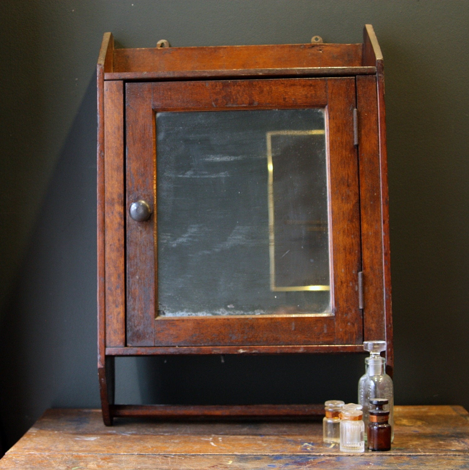 Antique Oak Medicine Cabinet with Towel Bar