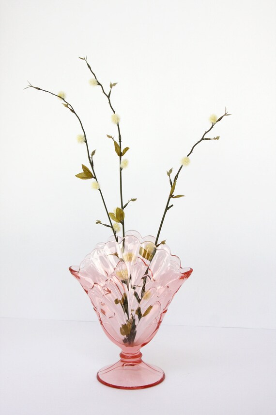 Vintage Pink Glass Fan Vase Art Deco Style