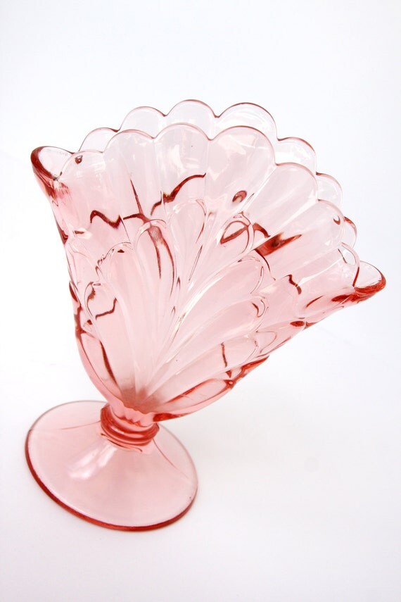Vintage Pink Glass Fan Vase Art Deco Style