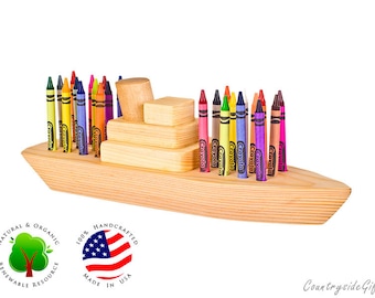 Crayon Holder - Boat Crayon Holder- Natural & Organic Wooden Boat 24ct Crayon Holder