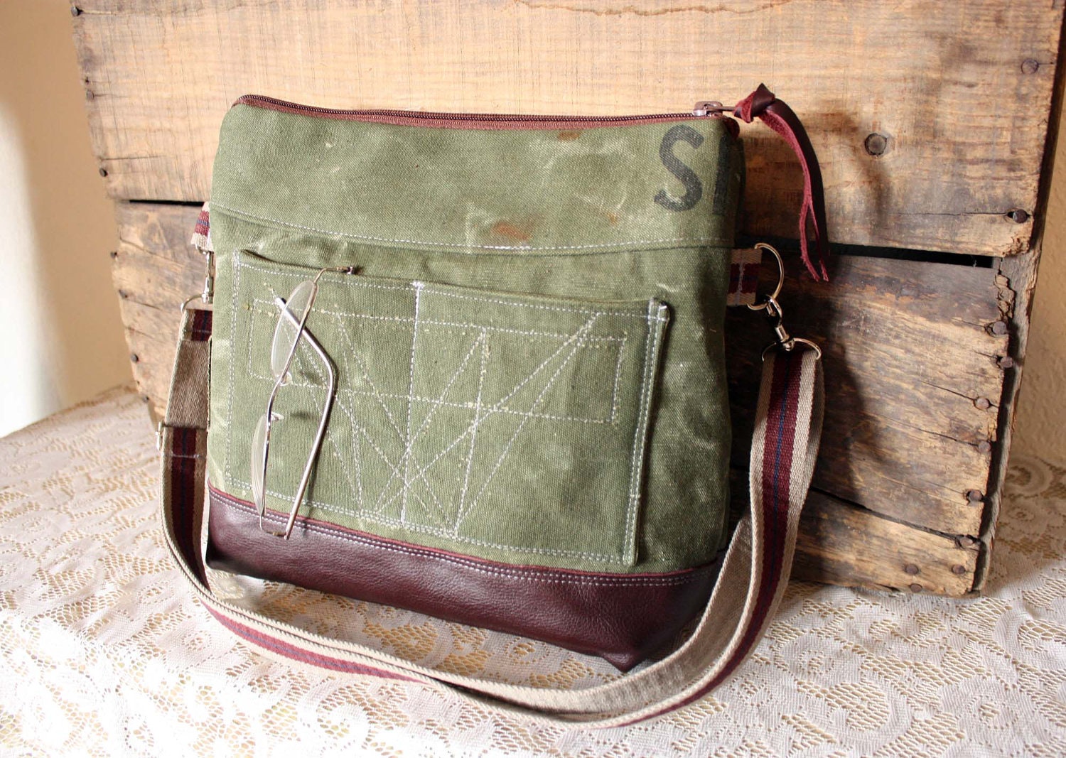 Crossbody Canvas Olive Purse messenger/ crossover handbag/