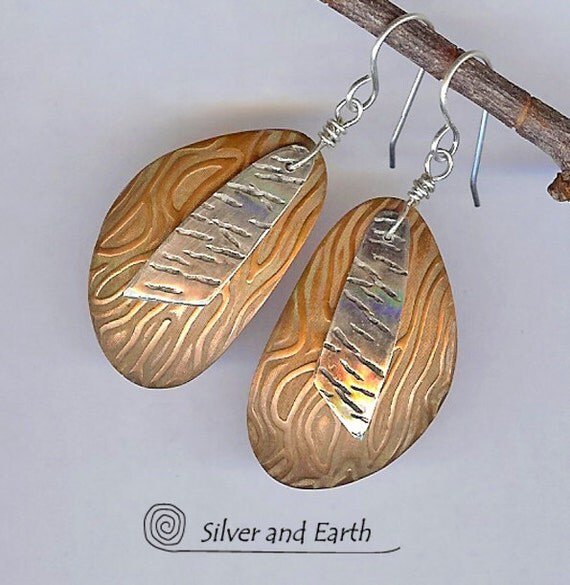 Mixed Metal Earrings with Textured Sterling Silver & Copper