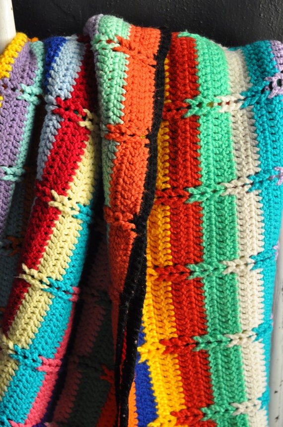 Vintage Afghan Blanket Crocheted Multi Colored Rainbow Stripes