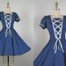 1960s Dress - Vintage 60s Navy Blue Corset Lace Polka Dot Circle Skirt Dance Dress S - Gossamer