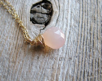 Chalcedony Briolette Necklace Wire Wrapped Faceted Pink Chalcedony Briolette 14kt Gold Filled Chain Minimalist