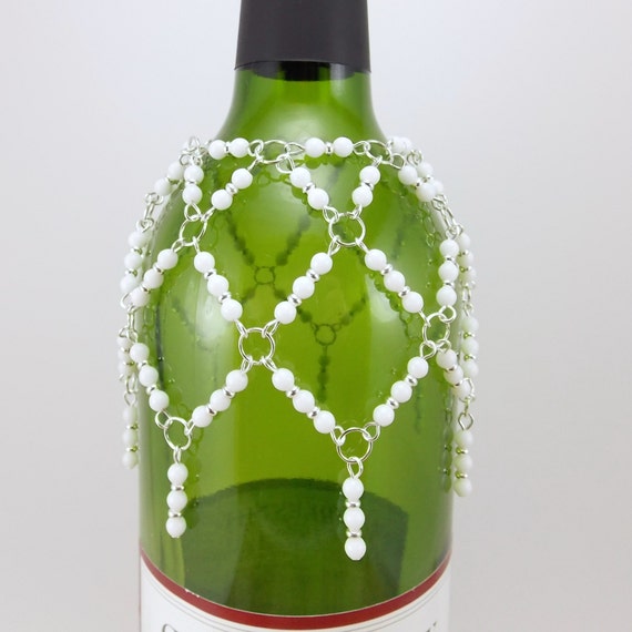 RESERVED Wine Bottle Necklace Beaded Lace Decor White