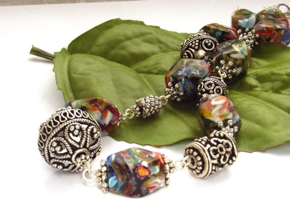 Glass bead necklace Bali bead chain toggle by BlueForestJewellery
