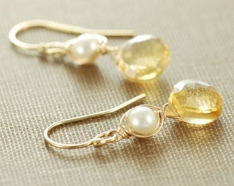 Honey Citrine Pearl Earrings, November Birthstone Jewelry, Gold Gemstone Dangle Earrings, aubepine