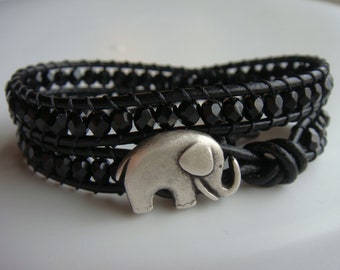 Elephant Bracelet, Black Beaded Leather Bracelet, Good Luck