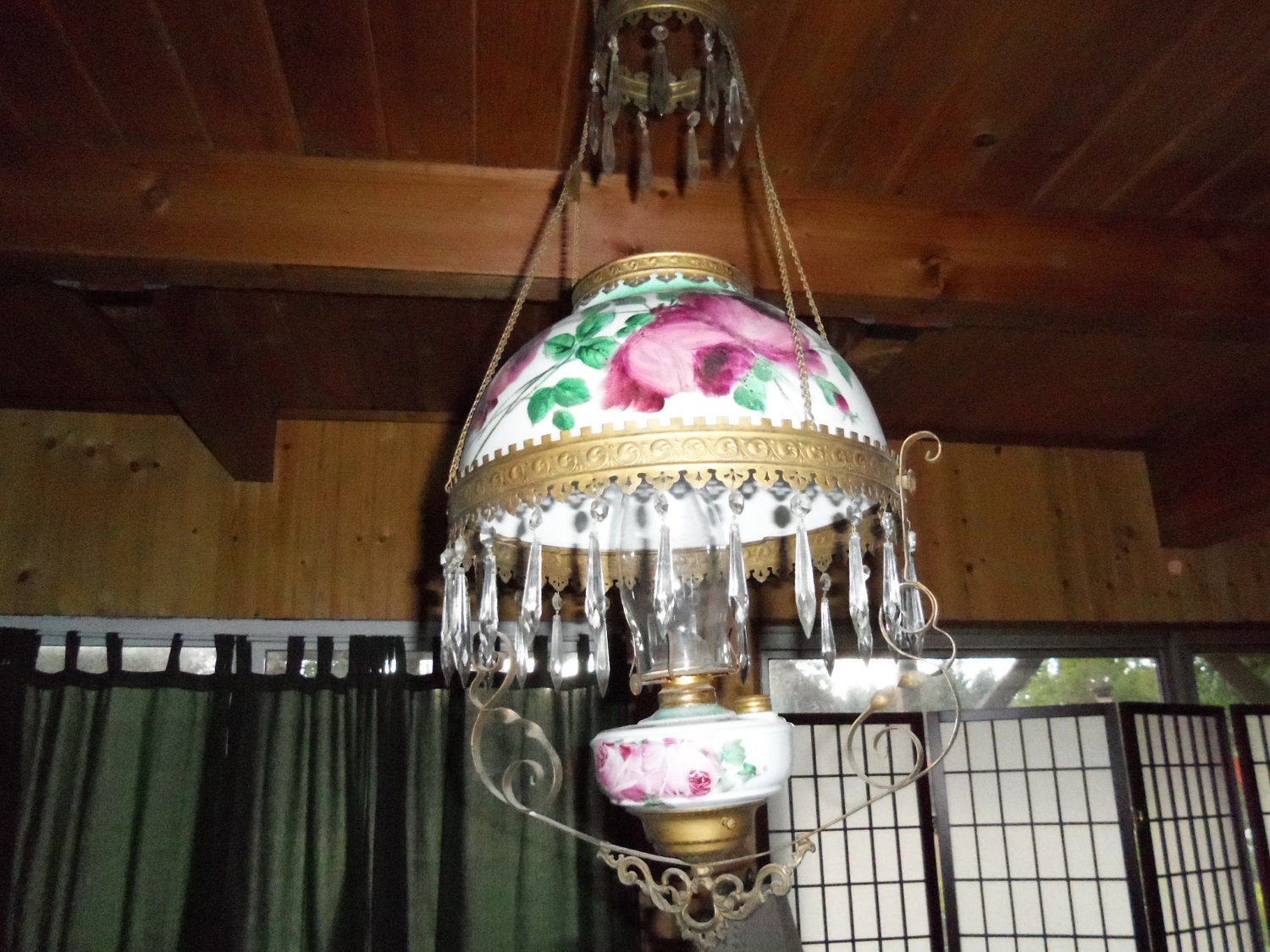 Parlor Hanging Oil Lamp Chandelier Prisms Antique Gone with