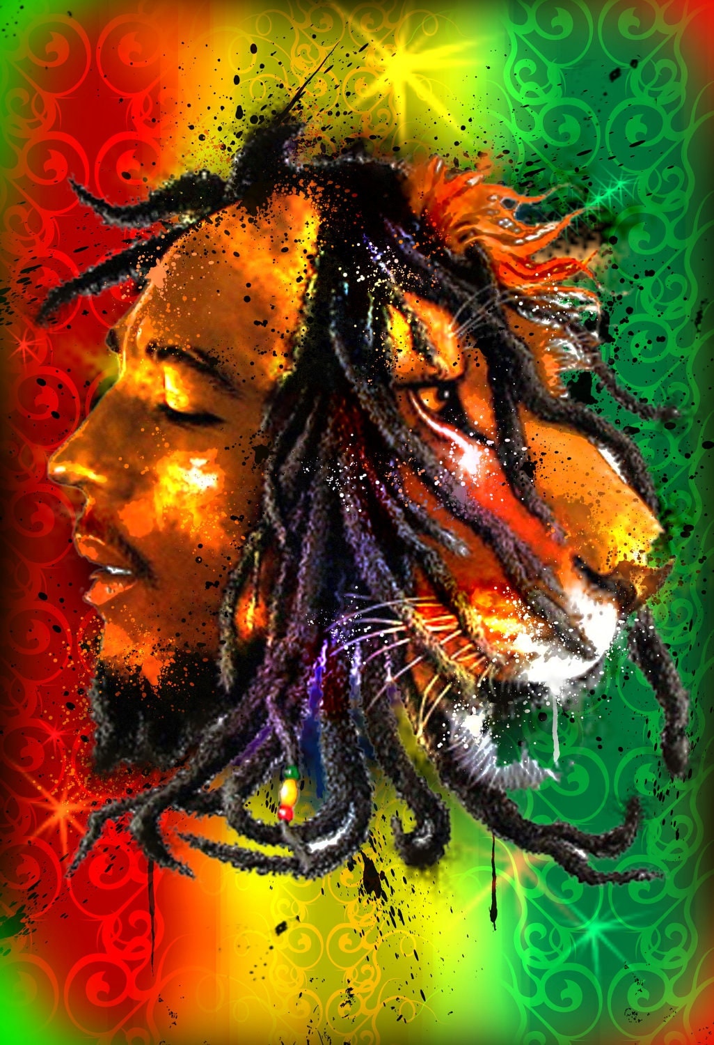 13 x 19 Original Print Custom Art of Reggae Rasta by NonUglyFaces
