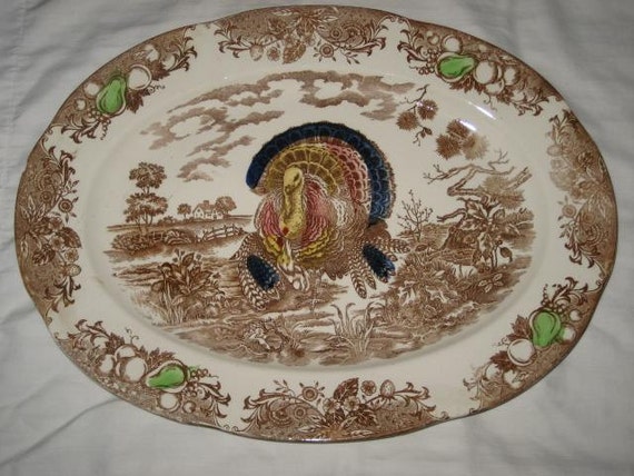 Large Vintage TURKEY PLATTER Brown Transferware Fruit Border