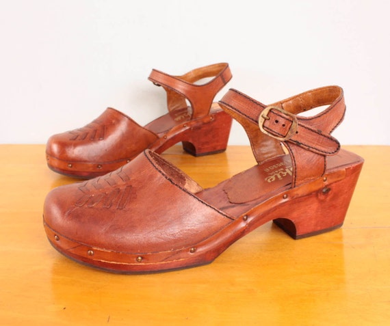 Items similar to 1970s Wooden Sole Clogs / Chestnut Brown Woven Leather ...