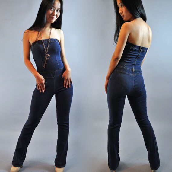 ... Backless Denim Jumpsuit / Womens Vintage Denim Jumpsuit XXS / XS