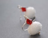White Sugared Earrings, Red Swarovski Crystal, Frosted Snowball Earrings, Festive Holiday Jewelry, Stocking Stuffer