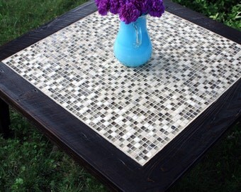 Square Coffee Table, Glass & Stone Tile Mosaic Coffee Table. Reclaimed Wood Coffee Table. "Glass in the Ruins" Table. - Handmade