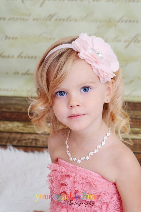 Pink Flower Headband Light Pink Chiffon Flower w/ Pearls