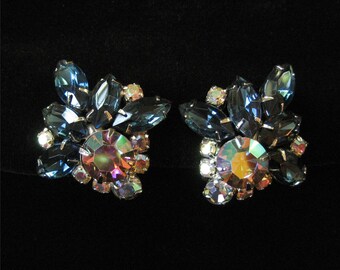 Sapphire Blue and AB Rhinestone Earrings, Unsigned