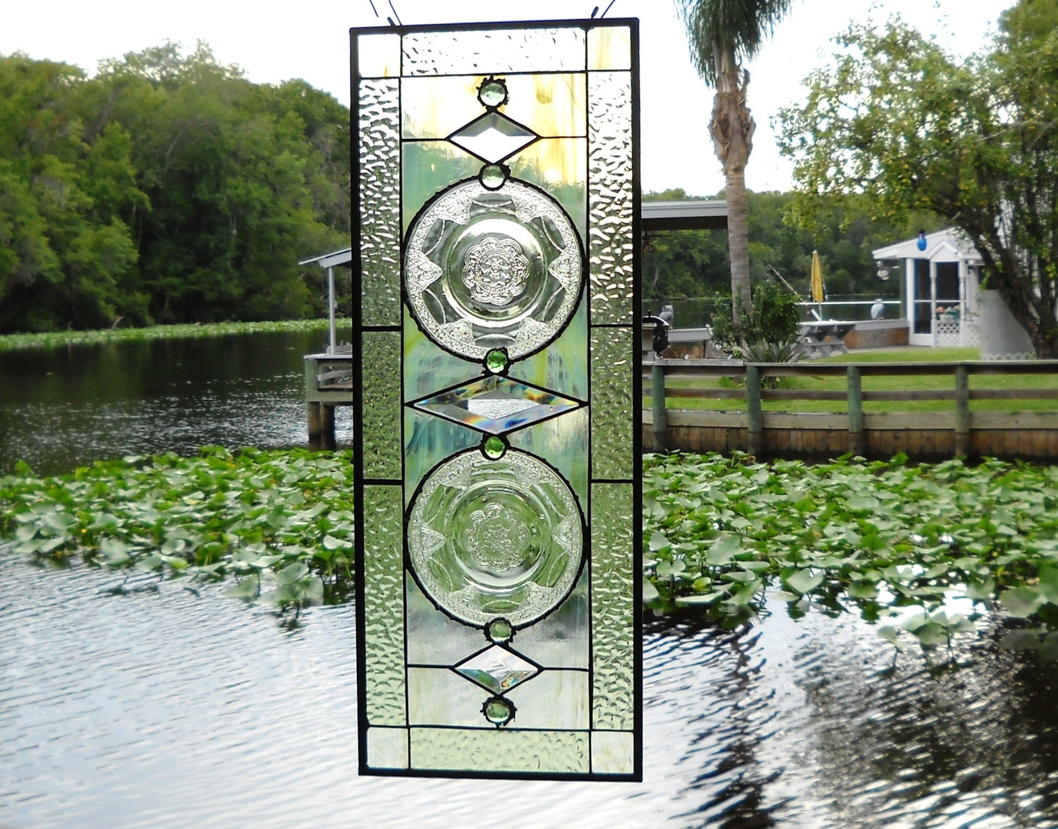 Stained Glass Panel Valance with 1930s Depression Glass