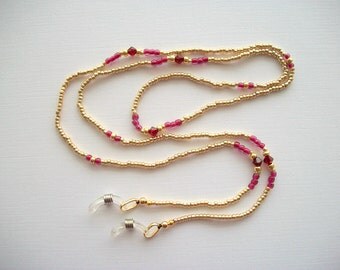Golden Eyeglass Necklace Beaded Lanyard with Red Swarovski Crystals