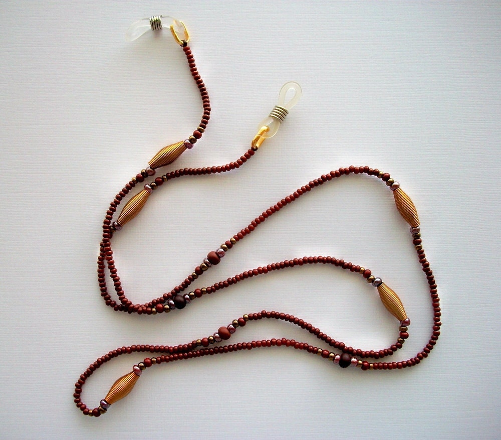 Brown Eyeglass Lanyard Beaded Holder with Copper Colored