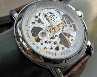 Luxury Mechanical Wrist Watch, Brown Leather Wristband - Silver Automatic Watch - Groomsmen Gift - Men's Watch - Item MWA57