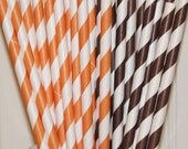 Paper Straws, 30 Orange and Brown Striped Drinking Straws with Printalbe Straw Flags, Tailgating Party, Drinking Straws, Thanksgiving Il_170x135
