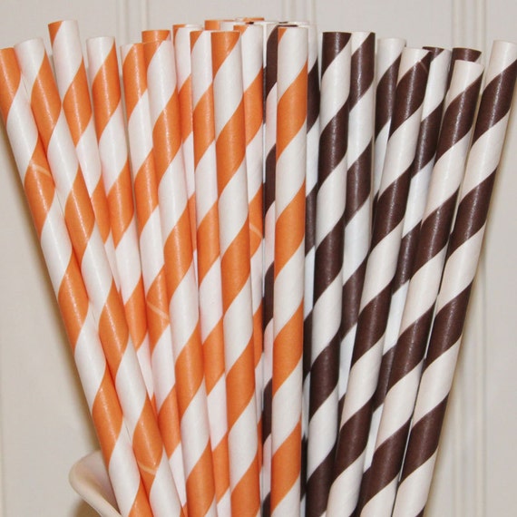 Paper Straws, 30 Orange and Brown Striped Drinking Straws with Printalbe Straw Flags, Tailgating Party, Drinking Straws, Thanksgiving Il_570xn