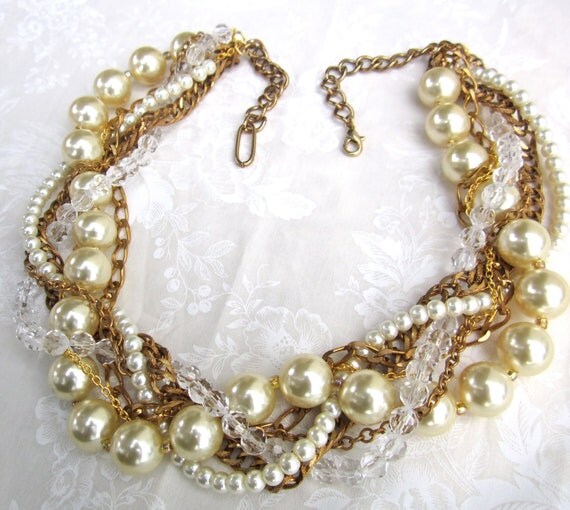 Chunky Pearl Crystal Gold Vintage Wedding Necklace Bridal
