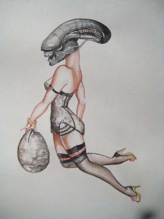 Alien As A Sexy Pinup Holding An Egg 