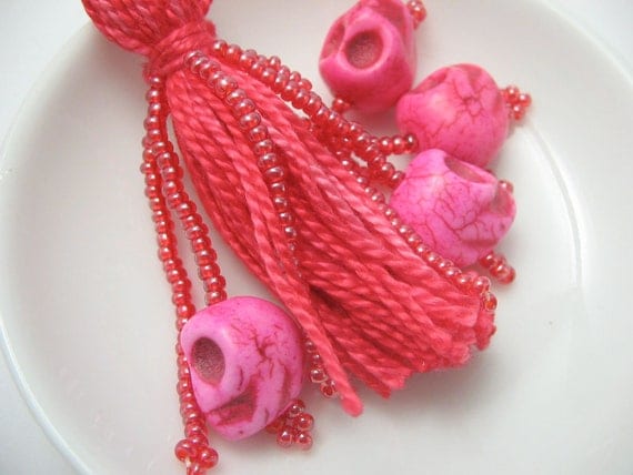 Pink Sugar Skull Beaded Tassel Keyring
