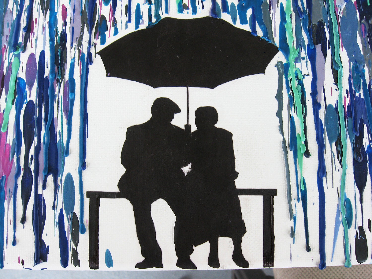 Handmade Encaustic Wax Painting Couple sitting on bench in