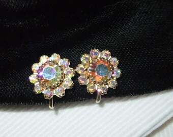 Vintage Earrings Screw Back Goldtone Iridescent Rhinestones Round Retro Costume Jewelry