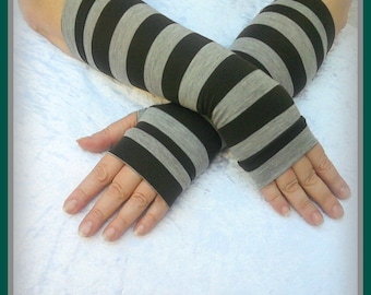 Fingerless gloves with strips in gray and dark olive colors cotton jersy