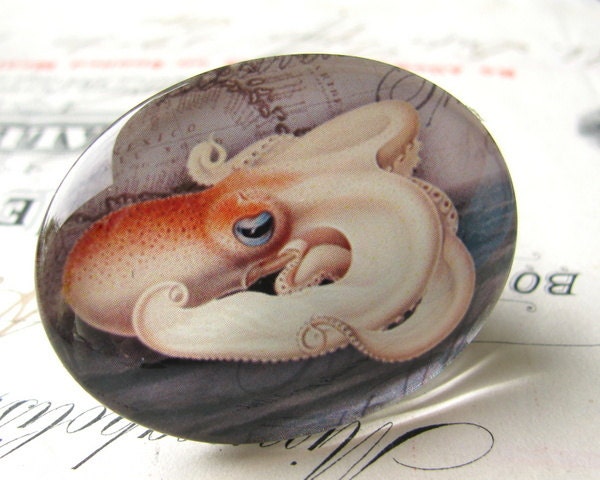 Original artwork, octopus, handmade 40x30mm glass oval cabochon, horizontal cab, sea creature, ocean monster, white, orange, grey steampunk buy now online