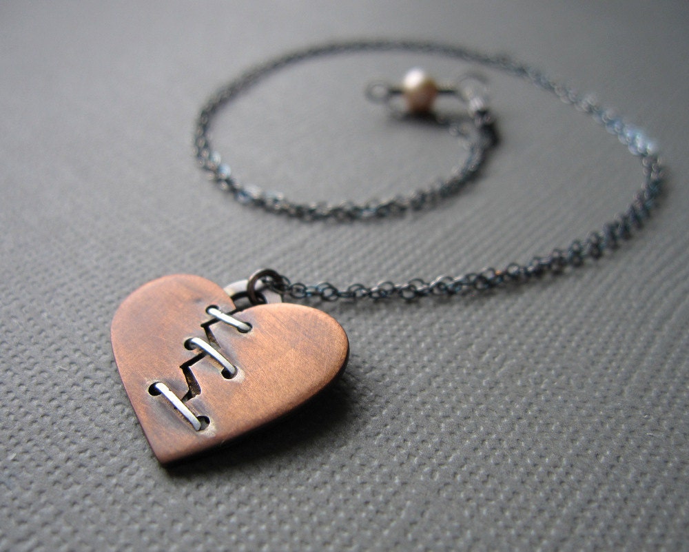 Heart on the Mend Mixed Metal Artisan Pendant Necklace Copper
