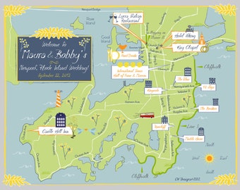 As Seen on Style Me Pretty - Custom Wedding Map Blue and Yellow Newport, Rhode Island Map