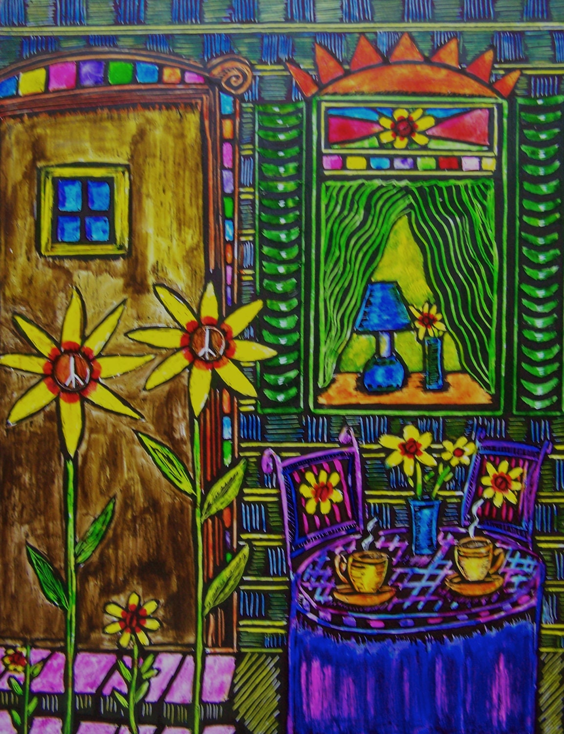 Hippie Folk Art Original Original Scratchboard by DawnCollinsArt