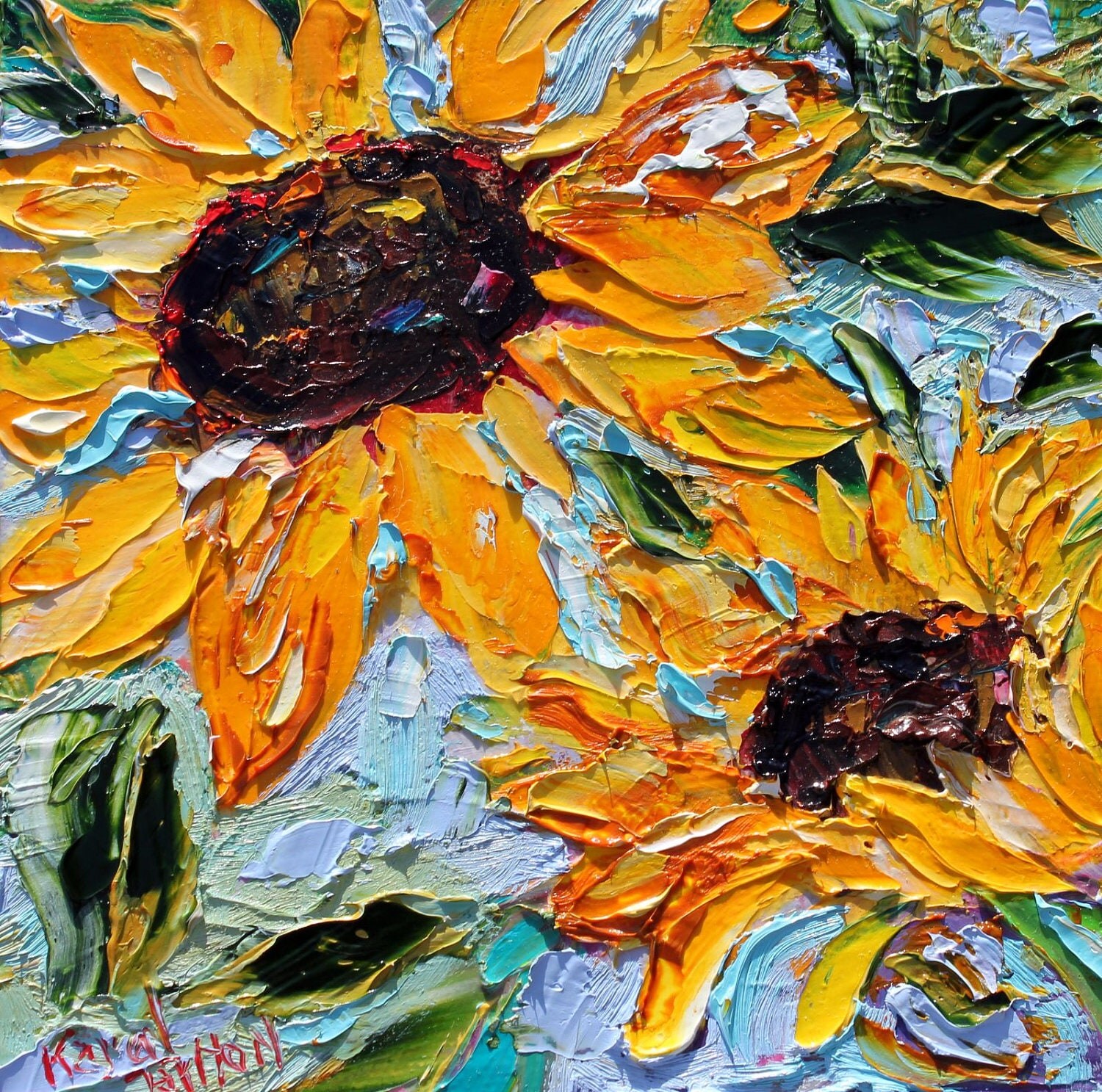 Original Sunflowers palette knife painting oil impasto on