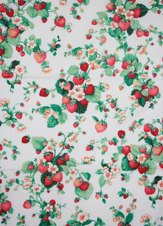 Strawberry print cotton fabric. Yardage berries summer red