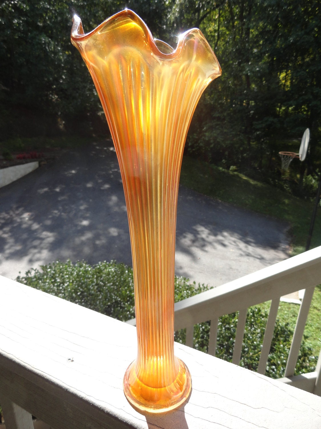 FENTON Marigold Orange Carnival Glass Fluted Tall Vase