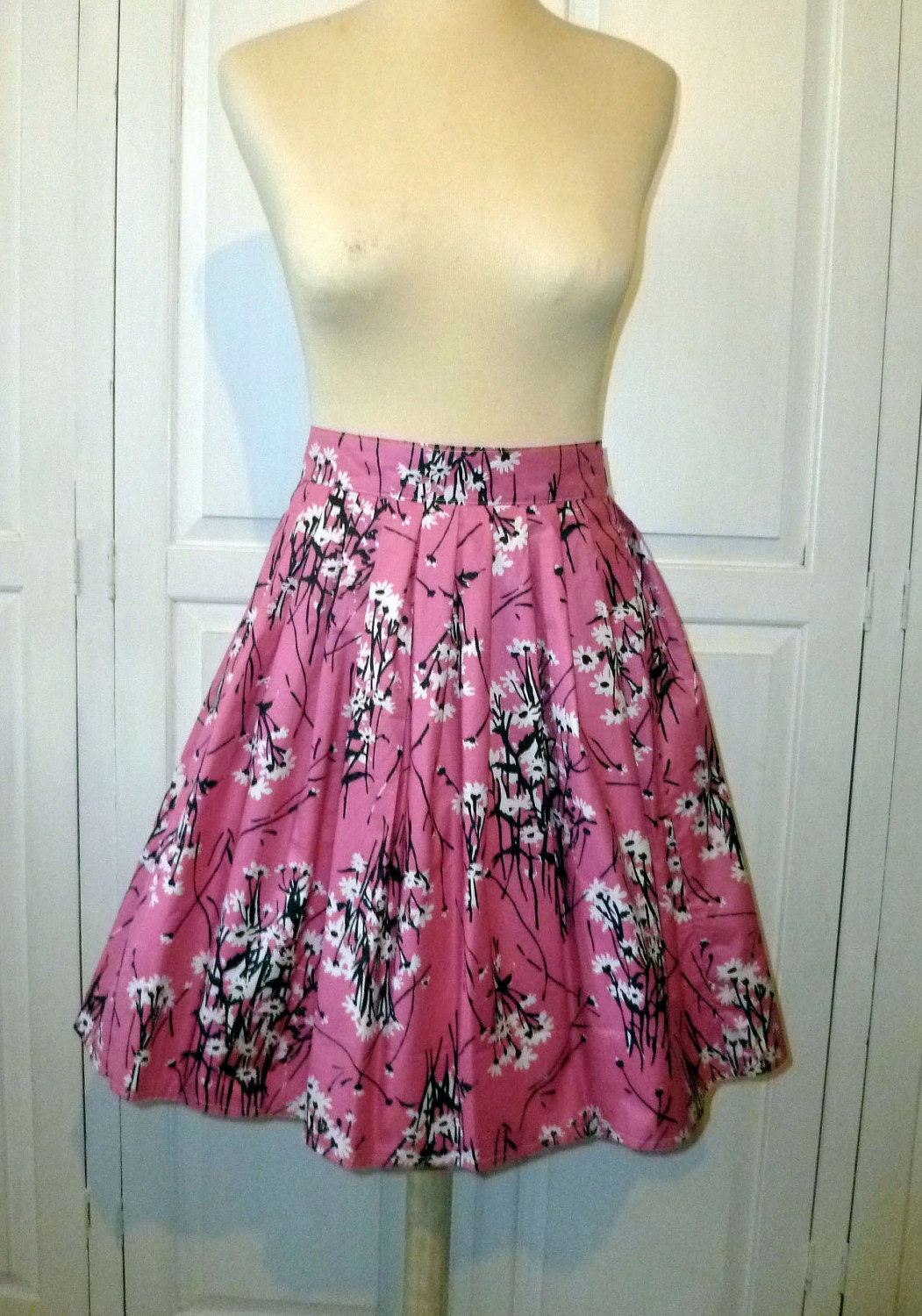 Bright pink 50's floral print 50's style full knee by CARRIEJTRIGG