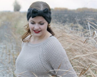 Knit Headband. Knit Earwarmer. Winter Headband. Grey Headband. Grey Earwarmer. Big Bow Headband. Vintage Headband. Made to Order.