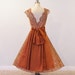 50s Dress / 1950s Cocoa Brown Scalloped Floral Lace & Satin Formal Cocktail Illusion Wedding Party Dress, Full Skirted Plunging Back