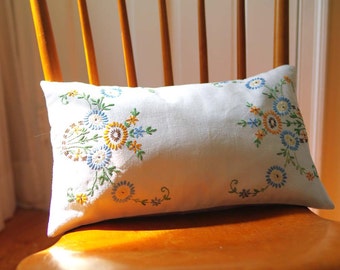 Floral Embroidered Pillow: Cottage Chic Home Decor - Recycled Vinatge Embroidery - Ecofriendly
