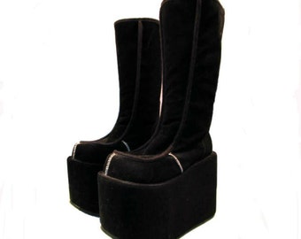 90s Womens Mega Platform Boots Vintage Black Suede Knee High Club Kid Monster Stack Flatform Boots Made in the USA Wms US size 10