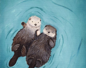 Otters Holding Hands Valentine's Day Gift Art print of original paainting - cute, romantic, perfect wedding or engagement gift
