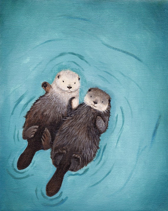 Otters Holding Hands Art Print cute otters wedding or