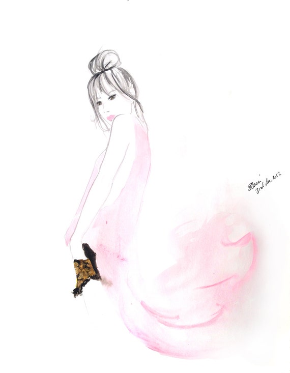 Watercolour and Gold Dust fashion illustration Titled Fade to Pink